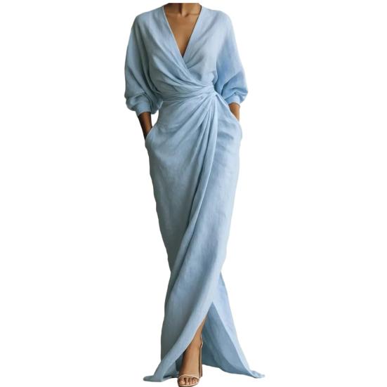 Women's Split Wrap Maxi Dress 3/4 Sleeve V Neck Ruched Bodycon Long Dress Cocktail Party Wedding Guest Dress with Pockets