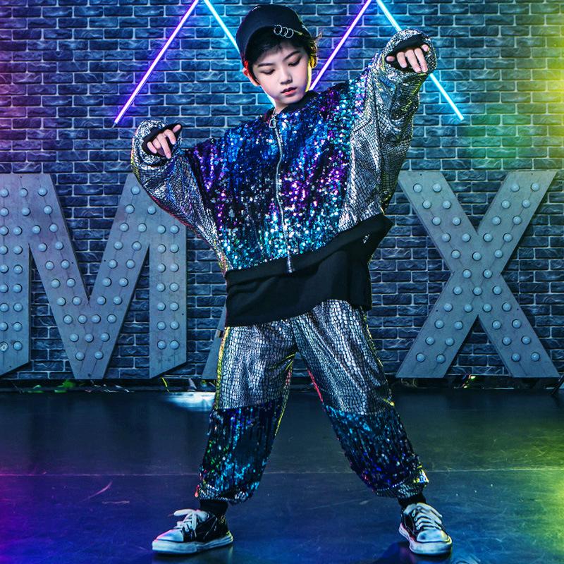 Children's New Year's Performance Costume Set: Silver Sequin Hip-Hop Street Dance Outfits for Boys & Girls