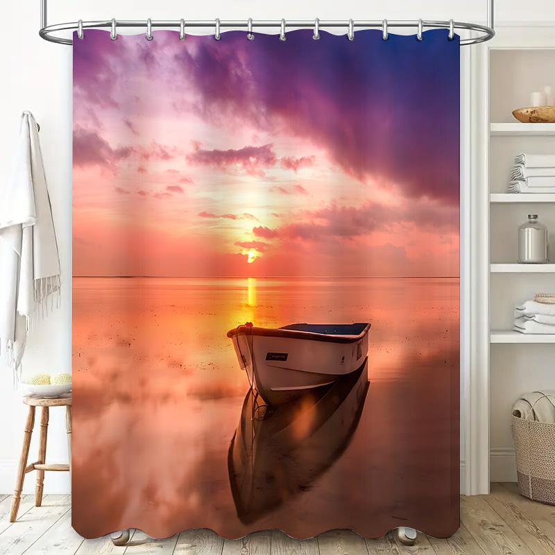 

Romantic Sunset Seascape Shower Curtain Rowboat Reflection Bathroom Decor Tranquil Ocean View Colorful Sky Serene Atmosphere W60H190(CM)-1 Pcs
