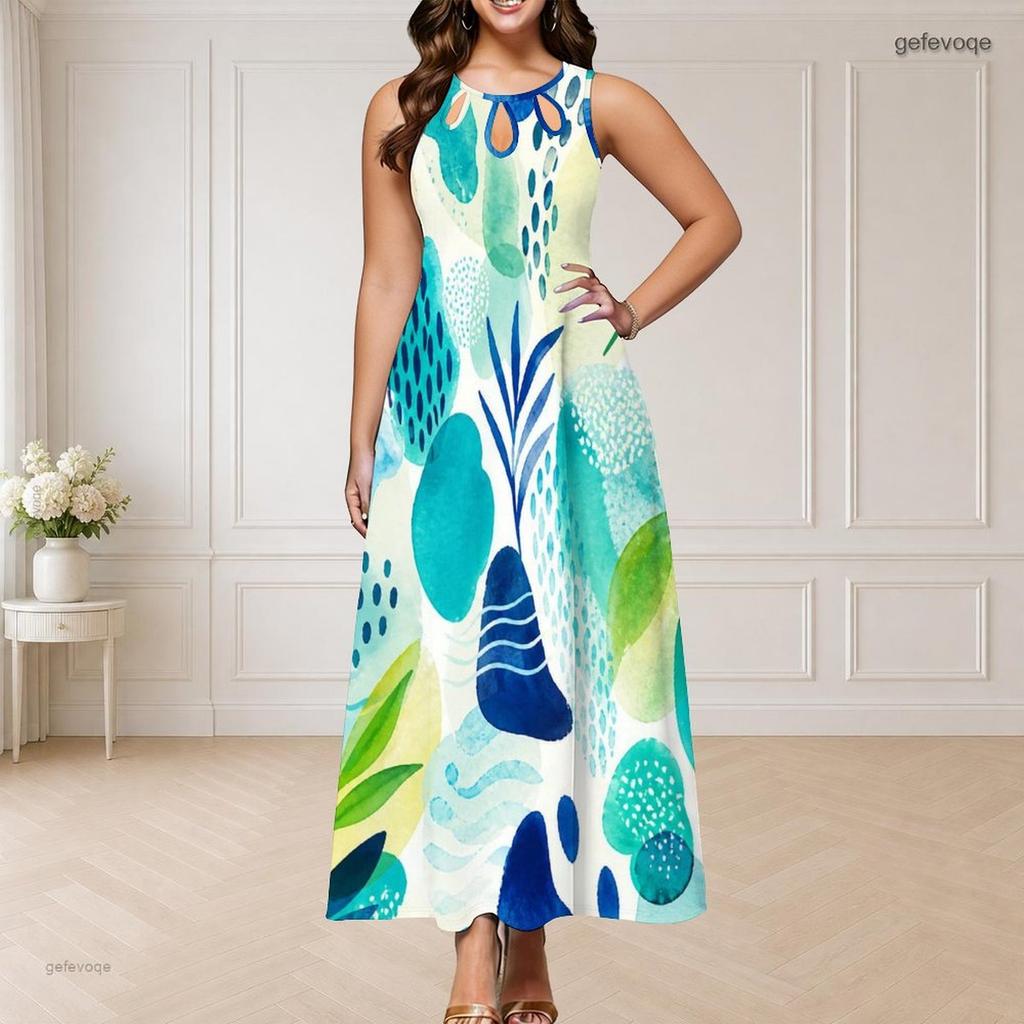 Women Plus Size Round Neck Triple Keyhole Sleeveless Printed Long Maxi Dress