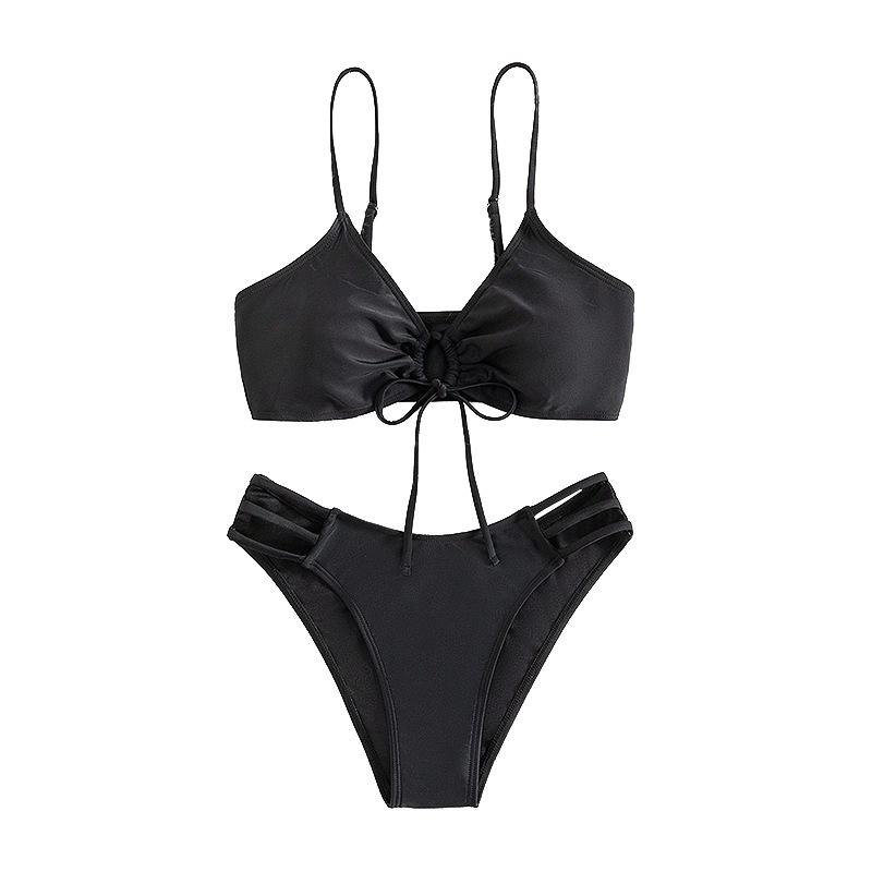 2025 European and American Solid Color Lace-Up Split Swimsuit - Women's Summer Beach Bikini & Hot Spring Swimwear