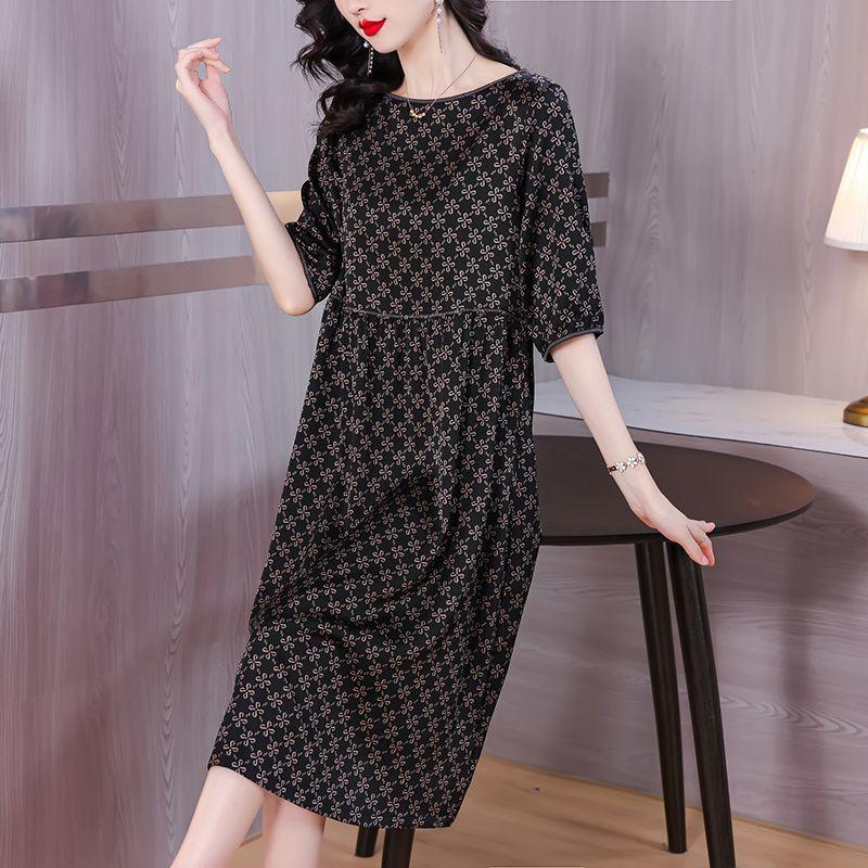 

Summer New 2024 Big Brand Hangzhou Versitile Fashion Dress Women Temperament Mother Floral Print Skirts Black 5XL(Suggested 82.50 kg-90.00 kg)