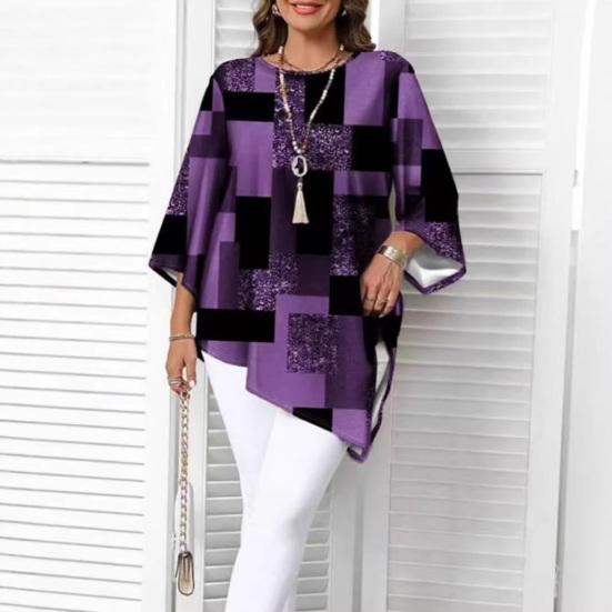 Women Tops Three-Quarter Sleeve Round Neck Abstract Print Tee Tops Loose