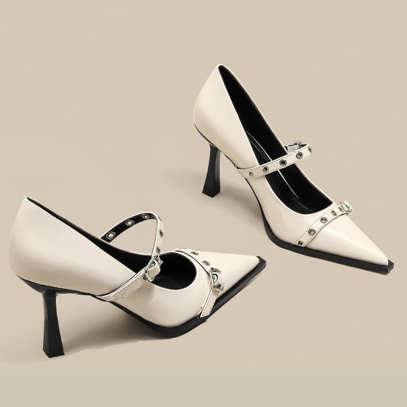 2026 New French Pointed Toe Rivet High Heels for Spring and Autumn Women's Stiletto Beautiful Shallow Mouth Strap Single Shoes