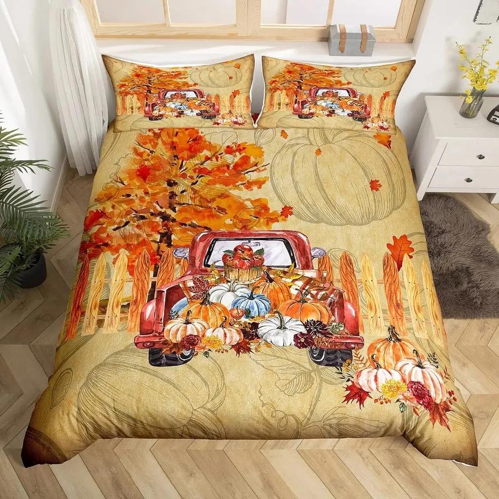 Thanksgiving Pumpkin Duvet Cover Set Maple Leaves Bedding Sets Truck Sunflower Comforter Cover Autumn Harvest Farmhouse Decor