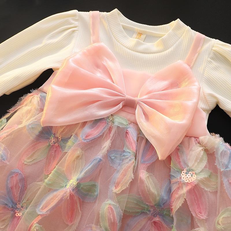 Sukienki dla dziewczynek z kokardką, siateczką, długim rękawem, urocze tęczowe kwiatki, sukienki dla księżniczki, modne sukienki dla niemowląt, wiosna, jesień