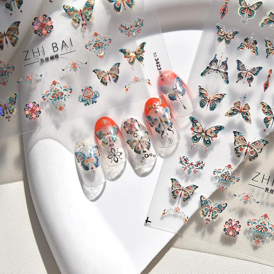 1 Piece 5D Retro Colorful Hand-painted Butterfly Nail Stickers Shell Light Butterfly Rhinestone Soft Relief Nail Art Stickers