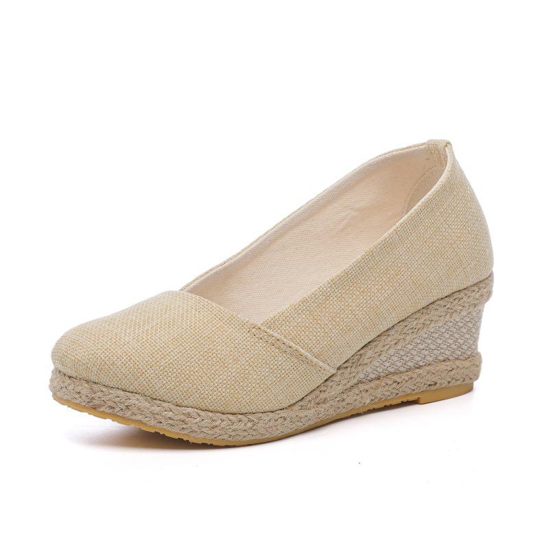 

2025 Spring & Autumn Women s Wedge Heel Shoes - European American Shallow Pointed Toe, Straw Braided Linen Style 39 бежевый