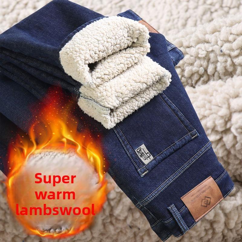 Зимові прямі джинсові штани Lamb Fluff Чоловіки Потовщені Джинси великого розміру 40 з високою талією Стрейч Джинси на флісовій підкладці Теплі тонкі