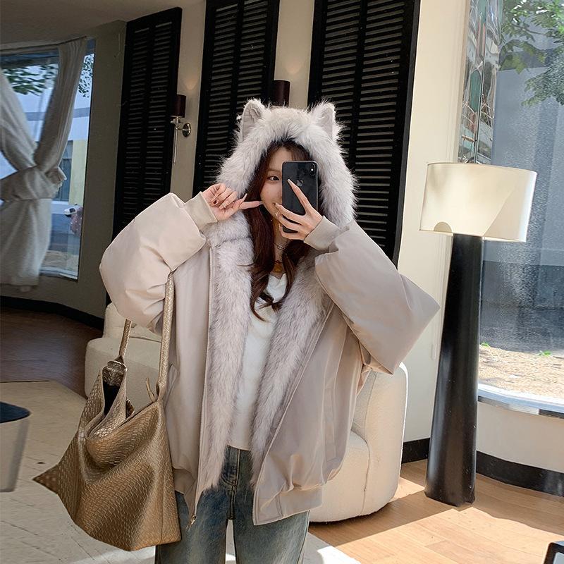 Winter new wear hooded seat mountain carving pie to overcome short cat ears tide loose cotton coat women