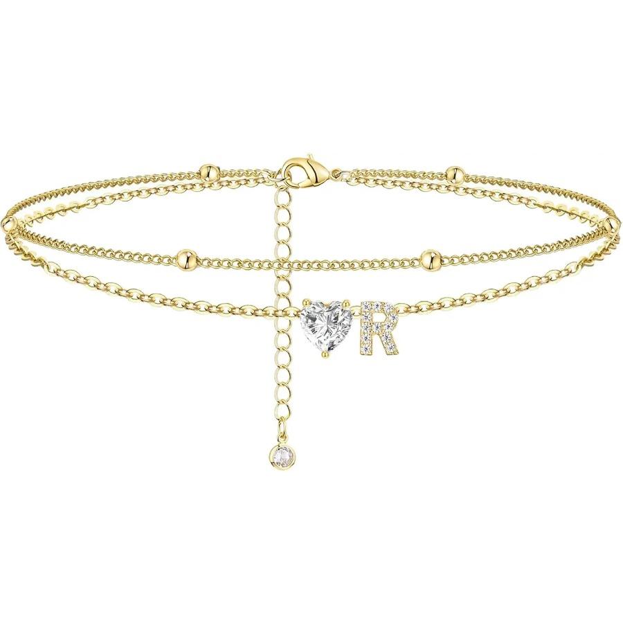 Ankle Bracelets for Women Waterproof 14K Gold Plated CZ Initial Dainty Layered Heart Anklets Foot Chain Summer Beach Jewelry