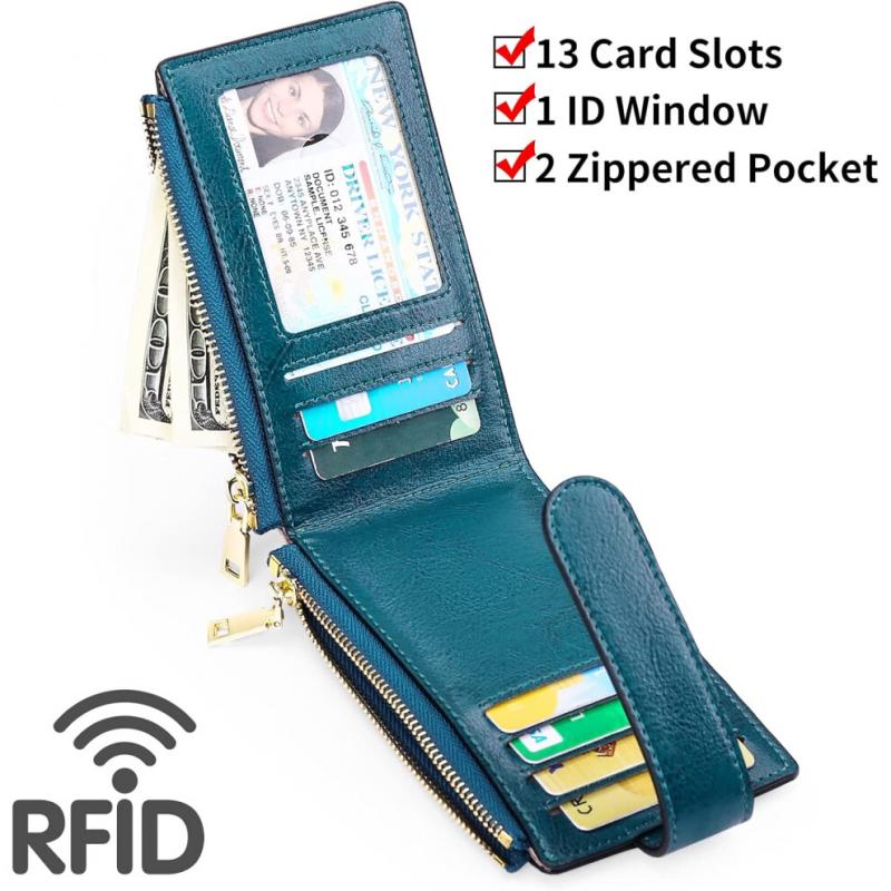 Womens AirTag Wallet Genuine Leahter Bifold Credit Card Holder with Built-in Integrated Case for AirTag Blue