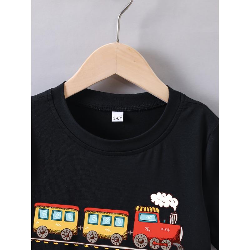 European sizes Boys' Summer Short Sleeve Cartoon "Running Train" Print T-Shirt