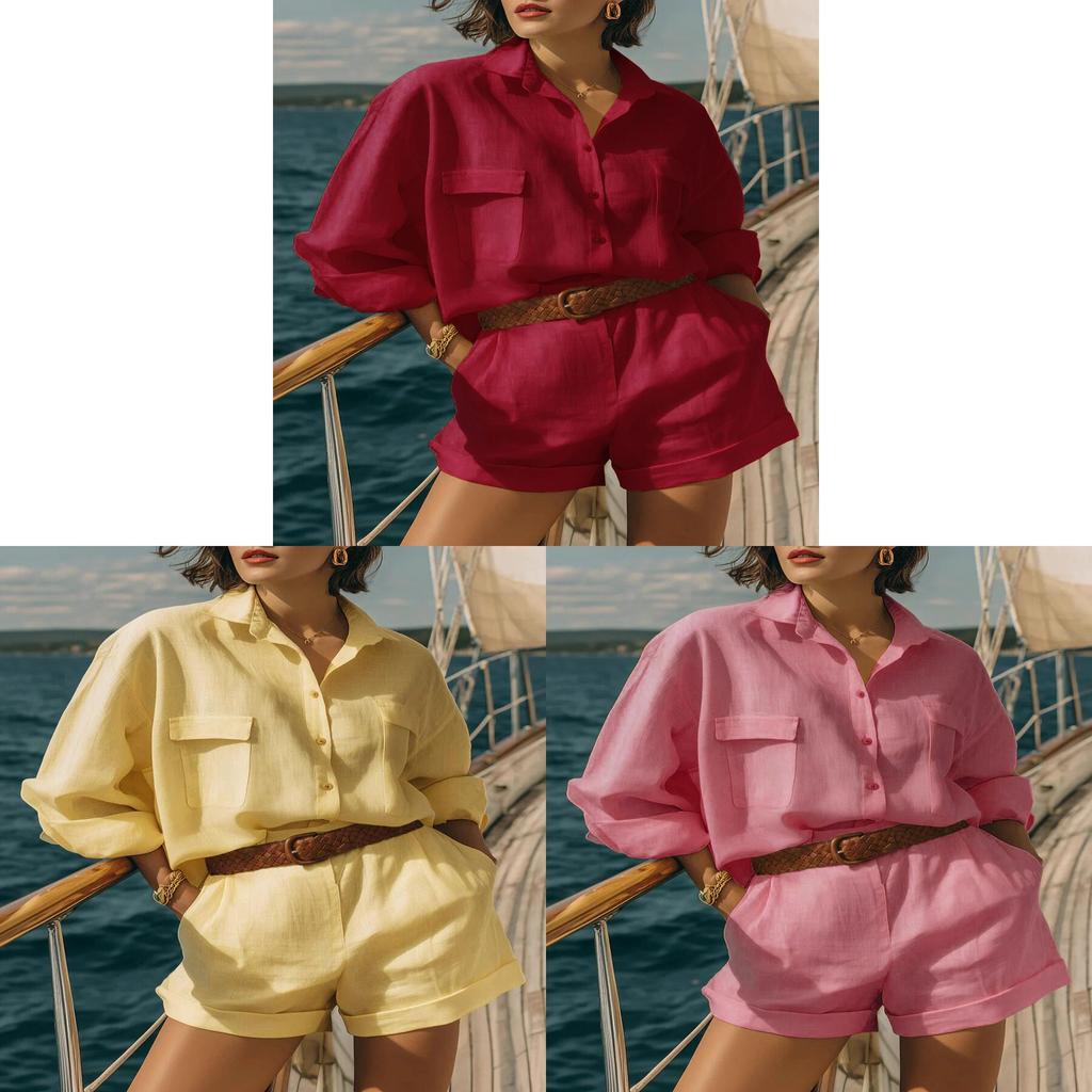 Set Casual da Donna in Cotone e Lino a Maniche Corte con Pantaloncini per Estate e Primavera