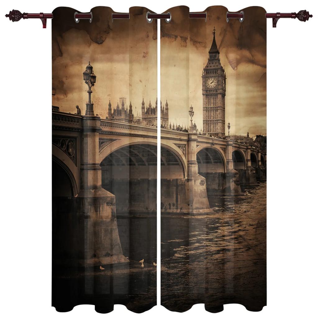 London Gebäude Roter Bus Fahrrad Bedruckte Vorhänge für Wohnzimmer Heimdeko Kinderzimmer Küche Fensterblenden Vorhänge Drapierungen