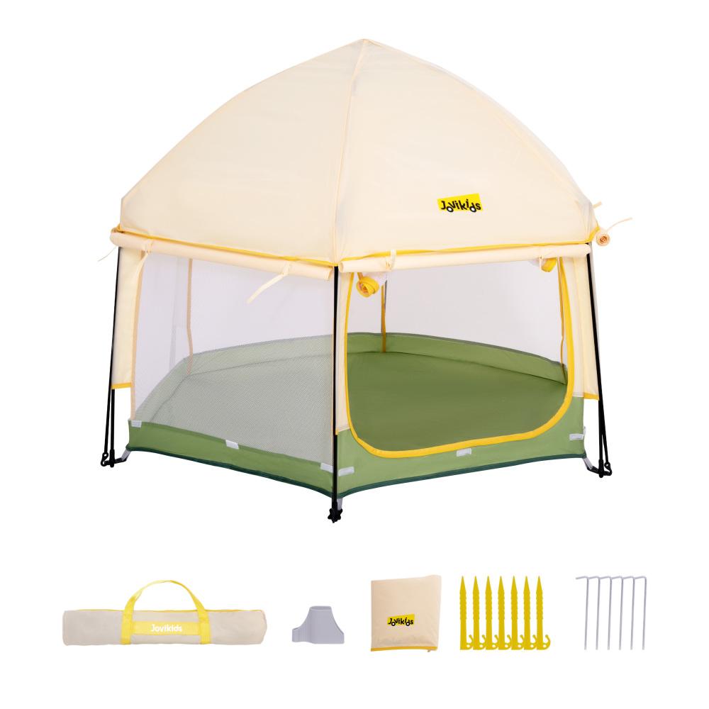 Jovikids Faltbarer Laustall Baby mit Baldachin, Pop-up Zel Kinder Oudoor, Groser 6 Eckig Playpen mit Tragetasche fur Haus, Garten, Strand. Yellow