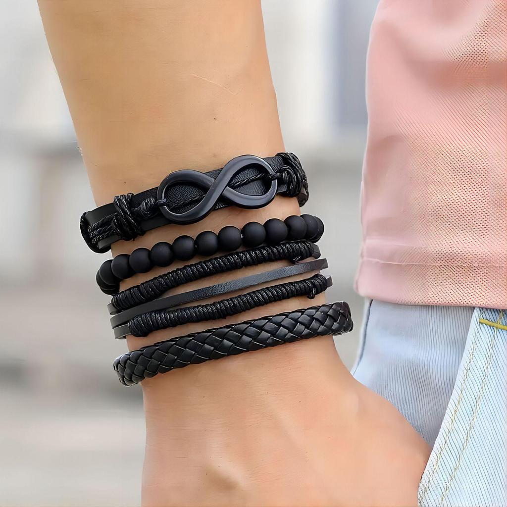 Personalized 4-Piece Black Bead & Leather Bracelet Set for Girls & Boys – Perfect for Parties & Festivals