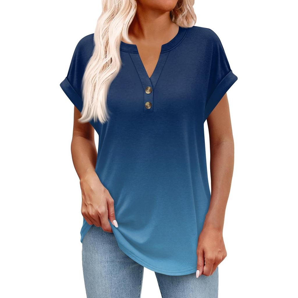 Women's Fashionable Casual Short-sleeved V-neck Button Printed Pullover Top
