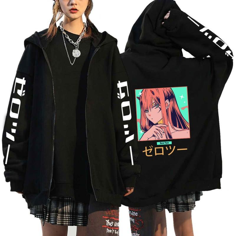 Anime Zero Two Darling In Franxx Hooded Zip-Up Sweatshirt Mens Oversized Fleece Lined Casual Pullover