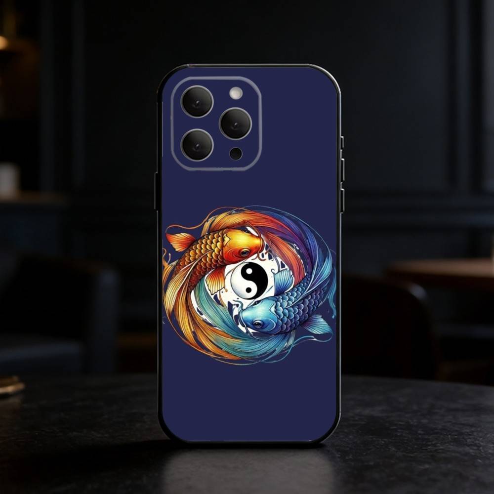 Koi Carp Fish Yin Yang Art Phone Case For iPhone 17,16,15,14,13,12,11 Plus,Pro,Max,Mini Silicone Black Soft Cover