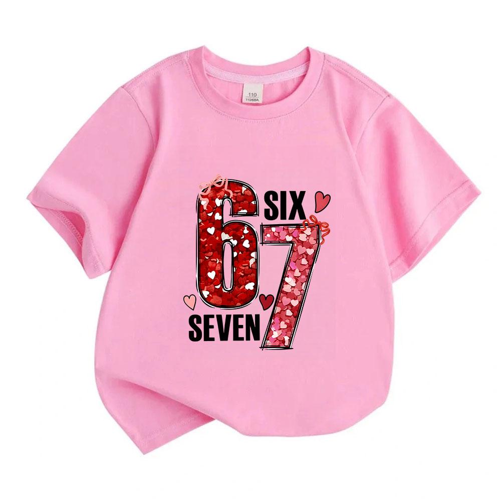 Kids Boys Girls 100% Cotton Crew Neck Short Sleeve T-Shirt, Cute 67 Six Seven Heart Pattern Valentine Themed Casual Soft Tee for Children Daily Wear