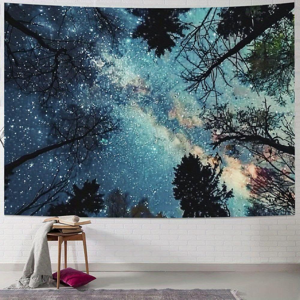 Galaxy Forest Starry Tapestry Bohemian Wall Hanging Decor with Vibrant Milky Way & Tree Silhouette Design Perfect for Bedroom