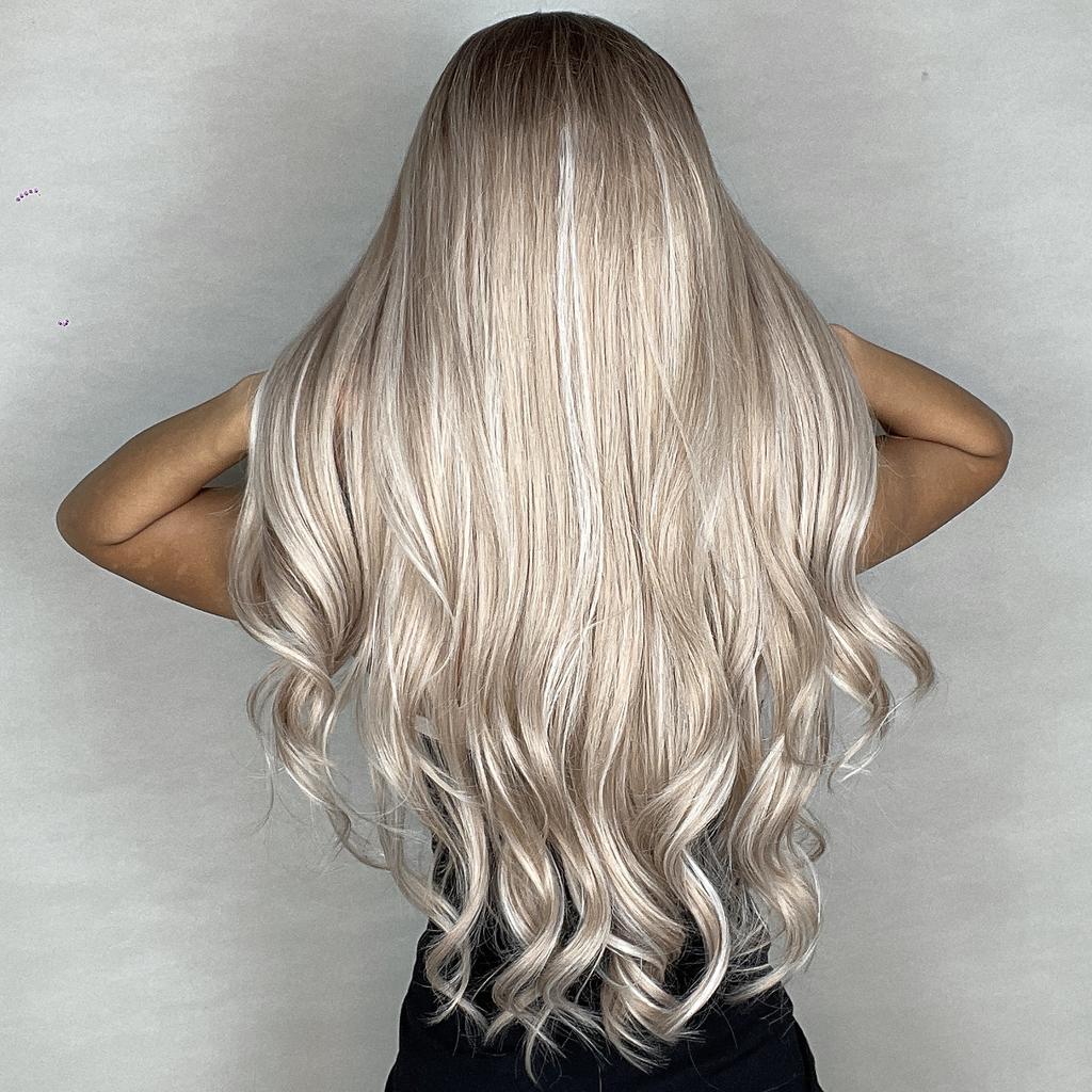 HAIRCUBE White Platinum Mixed Brown Synthetic Wigs Long Wavy Natural Hair Wigs for Women Middle Part Daily Heat Resistant Wigs