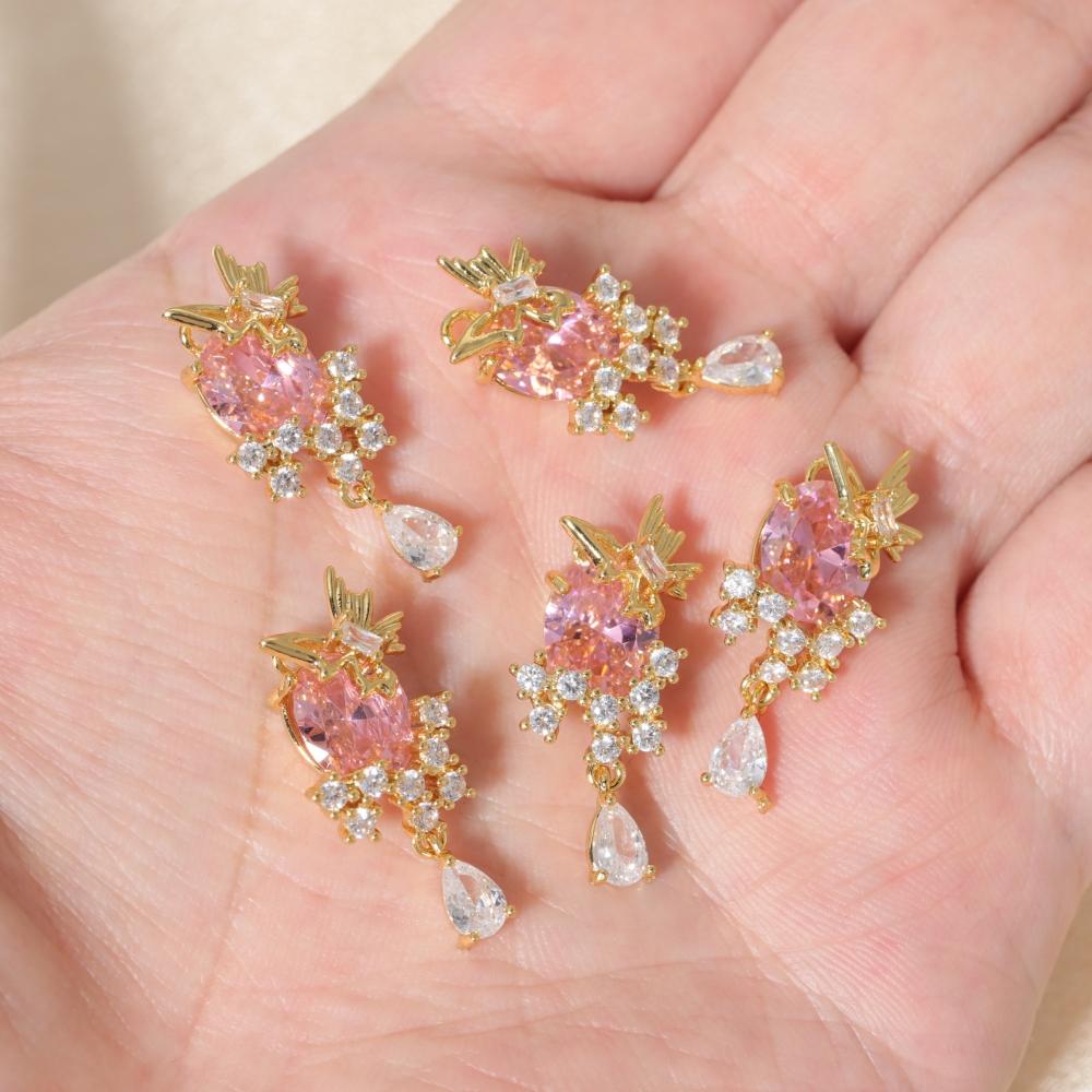 Multicolor Zirconia Floral Leaf Copper Charms, Golden Plated DIY Pendants for Earring Necklace Craft Making
