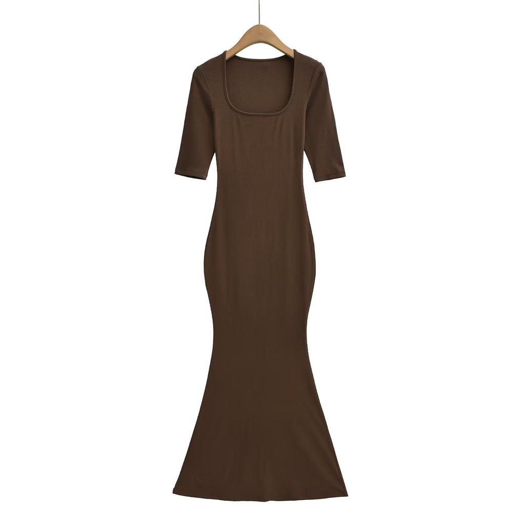 Spicy Girl Slim-Fit Trapezoid Neck Mid-Sleeve Fishtail Dress - Waist-Cinching, Figure-Flattering Skirt