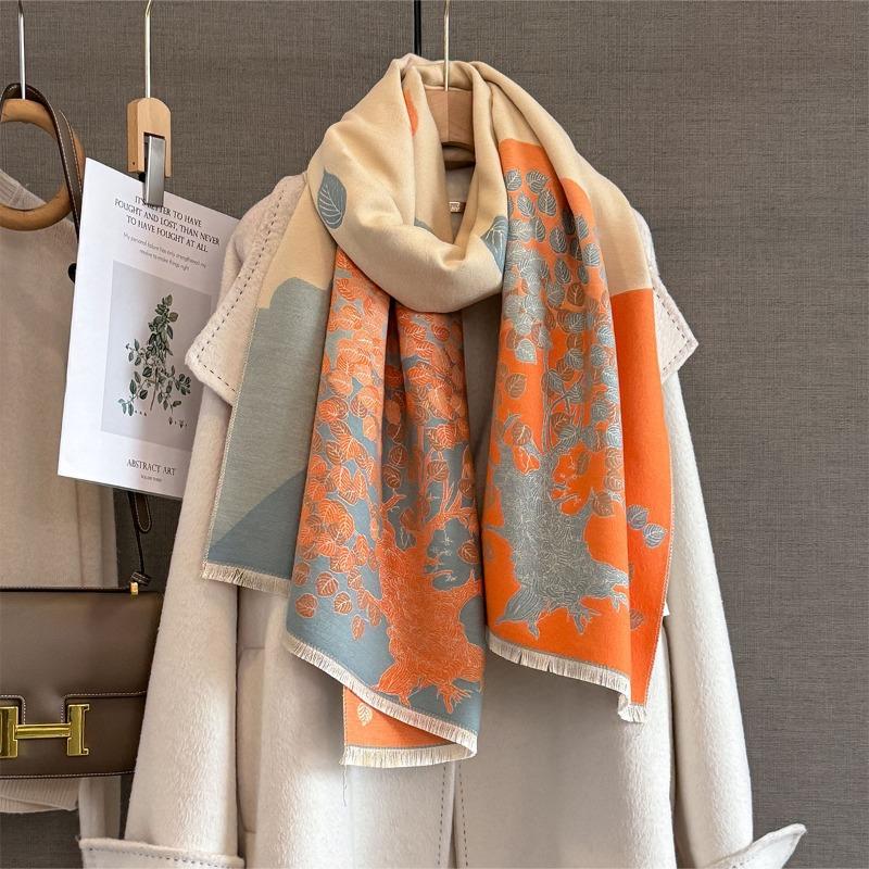 Autumn and winter retro style deciduous tree jacquard scarf women's warm imitation cashmere cold versatile scarf shawl