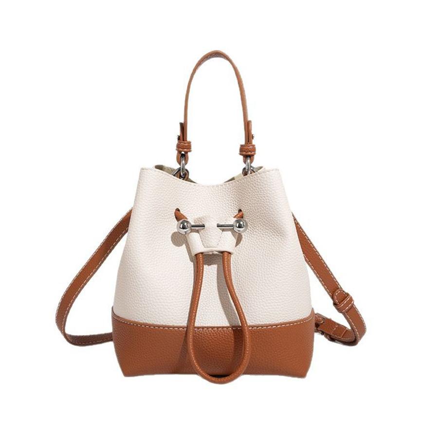 2025 New Patchwork Women Bucket Bag Pu Leather Drawstring Shoulder Bag Korean Style Casual Light Youth Crossbody Bag Sale