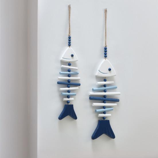 Wooden Hanging Fish Bone Decor Handmade Fish Skeleton Wall Art with Hemp Rope And Beads for Nautical Beach Theme Lake House Room Decor
