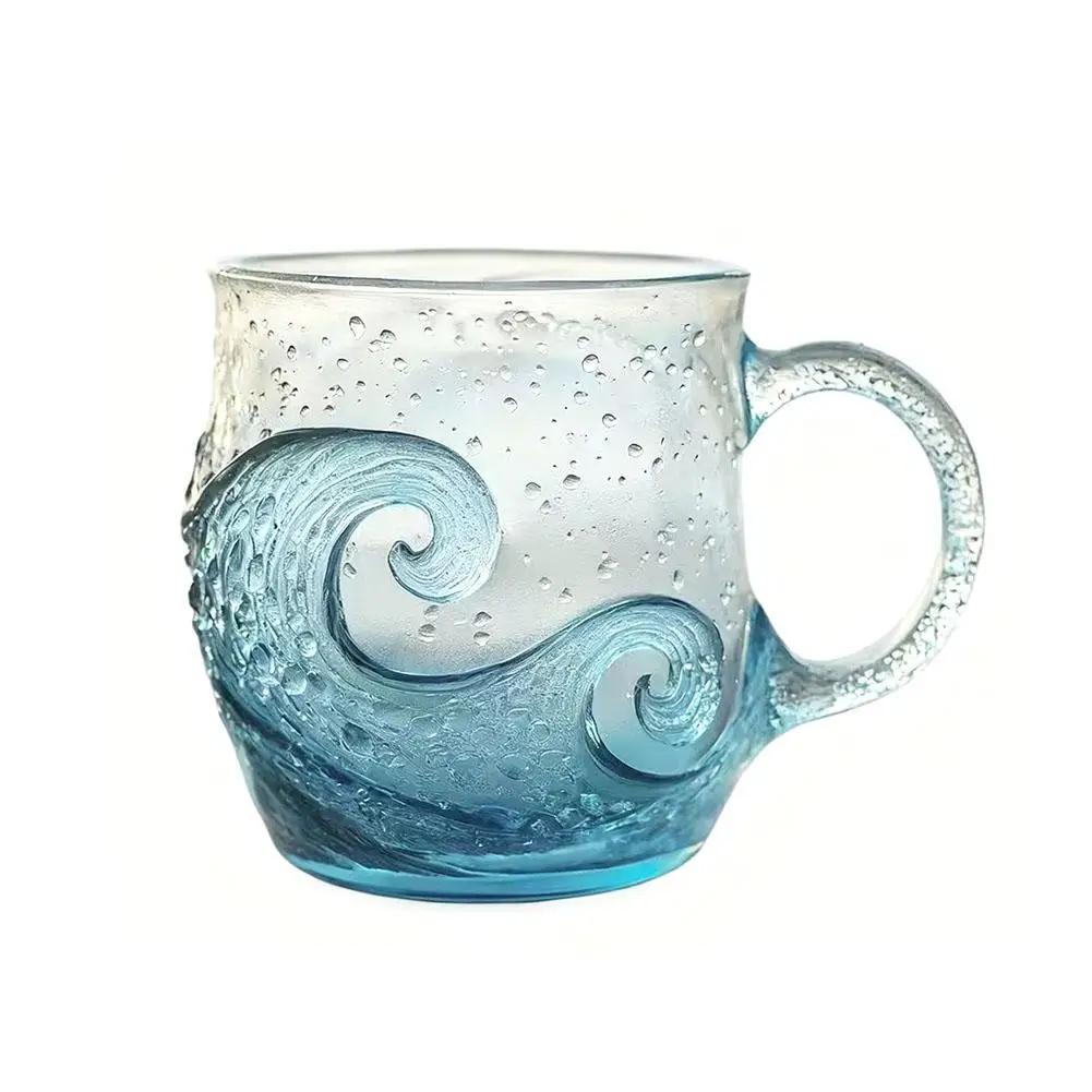 1/2pcs Sea Glass Wave Cup Glass Mug Wave Design Ocean Texture Cup Unique Coffee Hand Glass Theme Blown Mug Wave Wave Beach E3E7