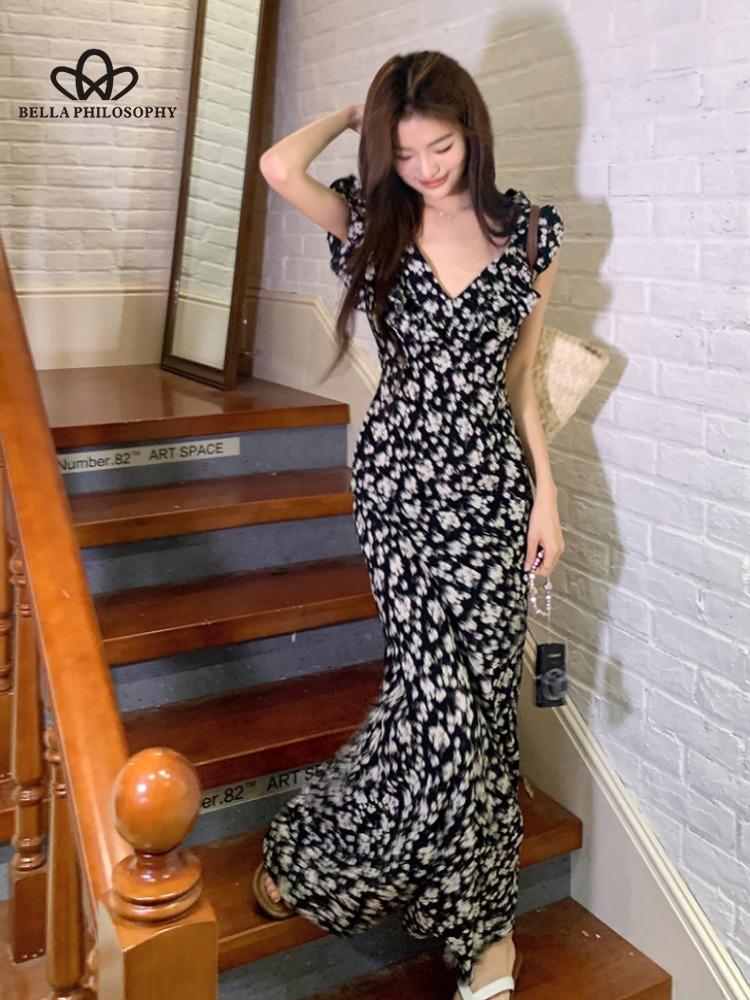 

Весенне-летнее новое черное платье с цветочным принтом, женское длинное платье с рюшами, повседневное элегантное длинное платье для пляжной вечеринки L чёрный