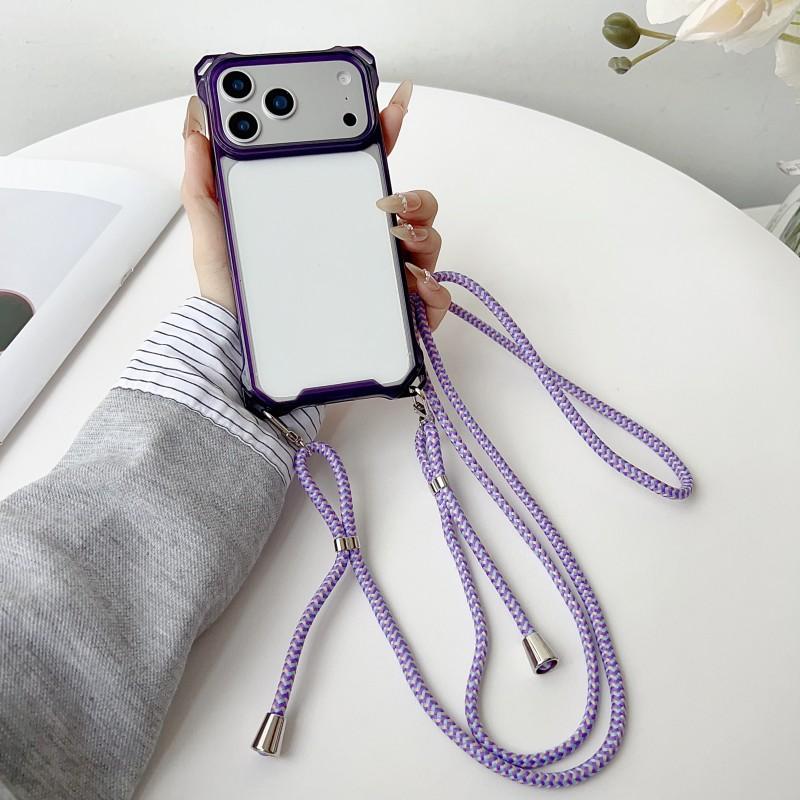 Four Corners Strap Cases For iPhone 17 Pro Max 11 12 13 14 15 16 Pro Crossbody Cord Lanyard Shockproof Clear Hard Plastic Cover