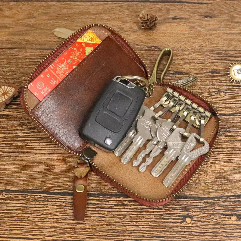 New Top Layer Cowhide Waist Hanging Key Bag for Men, Vintage Vegetable Tanned Leather, Hand Polished and Used Zipper, Home Key Bag