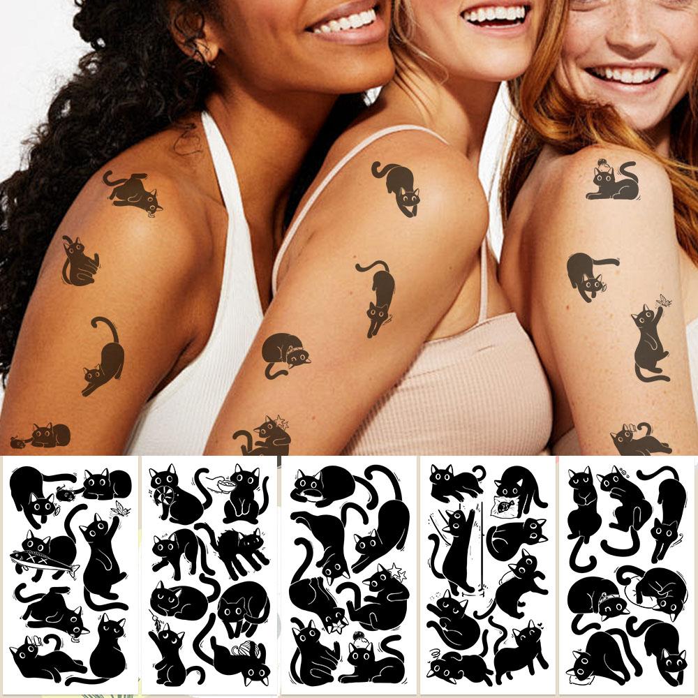 10 foi Autocolante de tatuaj cu pisică neagră drăguță de desene animate pentru mână, braț, corp, autocolante decorative, impermeabile, pentru copii, jucării creative, cadouri