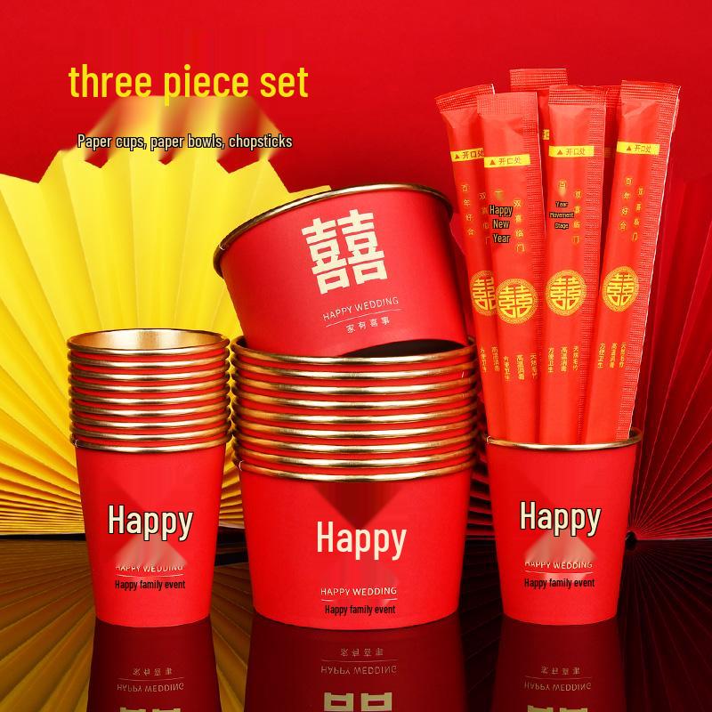 Disposable Gold Foil Wedding Tea Cups: Thickened Red Festive Collection