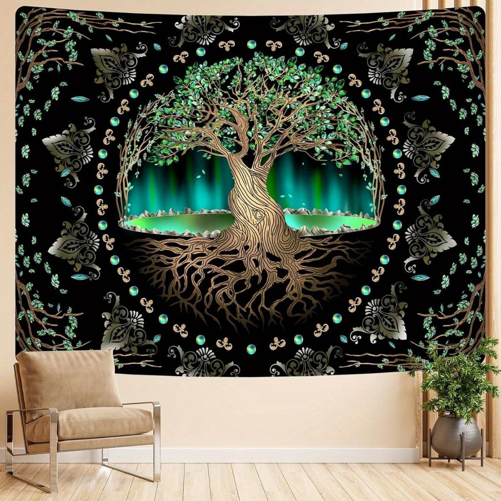 Mystic Tree of Life Tapestry Wall Hanging Boho Bohemian Decor Black Background Fantasy Nature Spiritual Art Polyester Home Wall