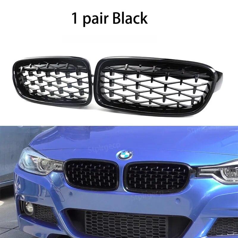 NEW-Glossy Black Dual Slats Front Kidney Grille Chrome Diamond Grill Replacement for BMW 3 Series F30 F31 F35 2011-