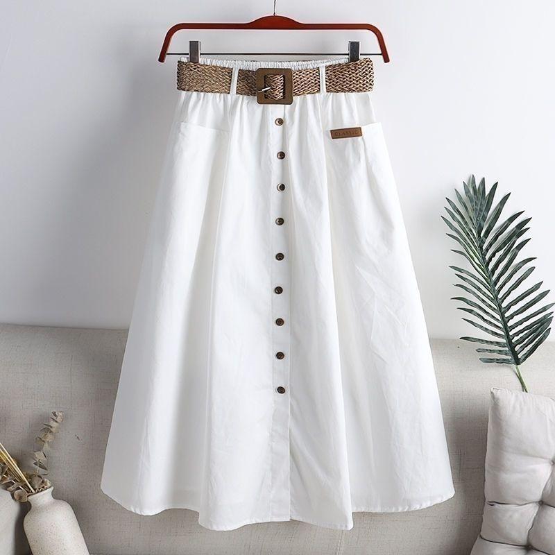 Women's Cotton Skirt Spring Summer Elasticated High-rise Skirt Split Midi A-line Skirt with Belt Pockets