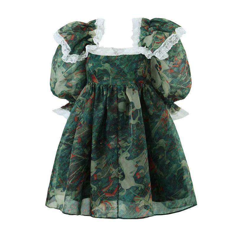 

Beautiful Princess Square Collar Puff Sleeve Dress Lace Edge Dark Green Unicorn Print(High quality) L