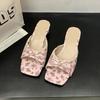 French versatile thick heel cool slippers women's 2025 summer new gentle wind lace edge bow word with slippers