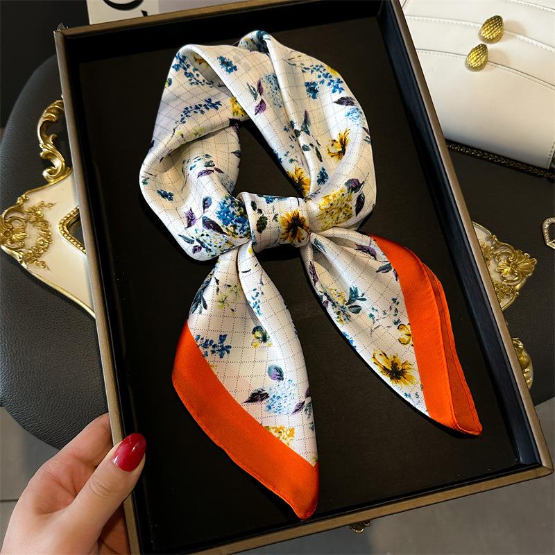 Fresh And Elegant Flower Square Scarf Simulation Silk Printing Silk Scarf Headscarf Women'S Spring And Summer Scarf Scarf Professional Scarf