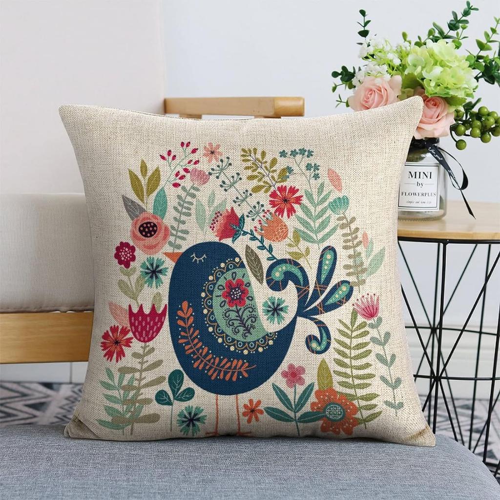 Folk Art Bird Floral Cushion Cover 2D Flat Printed Peach Skin Decorative Pillowcase For Living Room Sofa Home Decor 45X45Cm