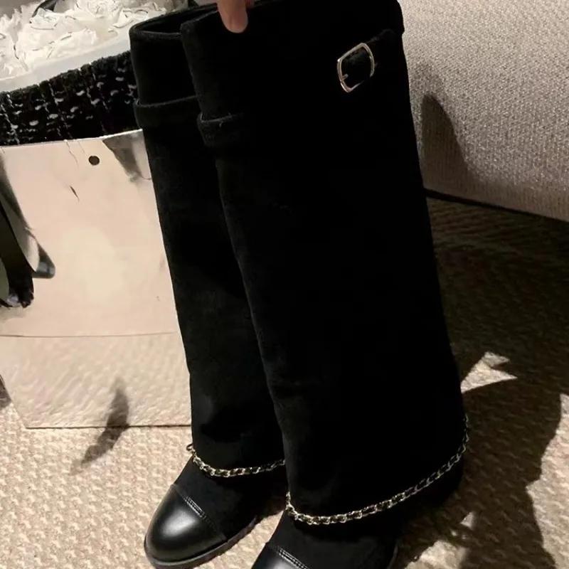 Fashion Brand New Round Toe Thick Heel Chain Belt Buckle Skirt Boots Women's Autumn Winter Fashion Runway Mixed Color Long Shoes Size 43