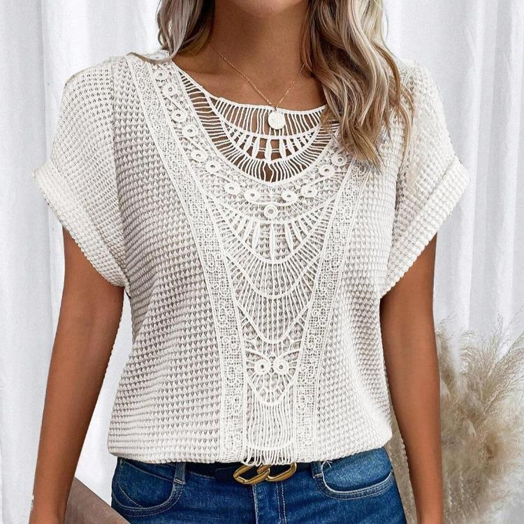 Women Casual Summer Short Sleeve Crew Neck Lace Splicing Top Tshirt