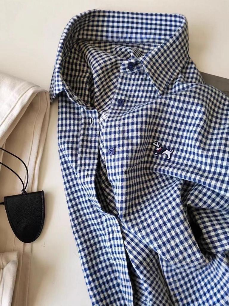 Damen Langarmshirt mit Karomuster-Stickerei, kleiner Hund, Slim Fit - Frühling/Herbst, Koreanischer Stil, Sonnenschutz