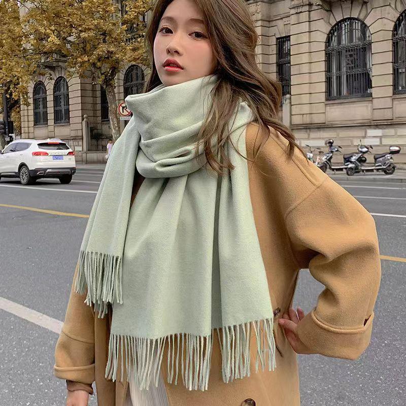 Dámská zahuštěná jednobarevná dlouhá šála - Počesaný imitovaný kašmír, nežmolkující šál s třásněmi na podzim a zimu