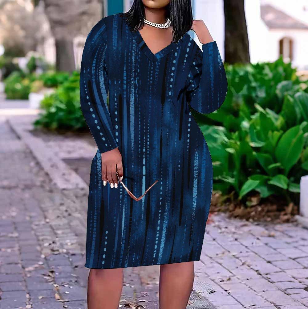 Women Plus Size V Neck Long Sleeve Yellow Brown Printed Fitted Straight Dress